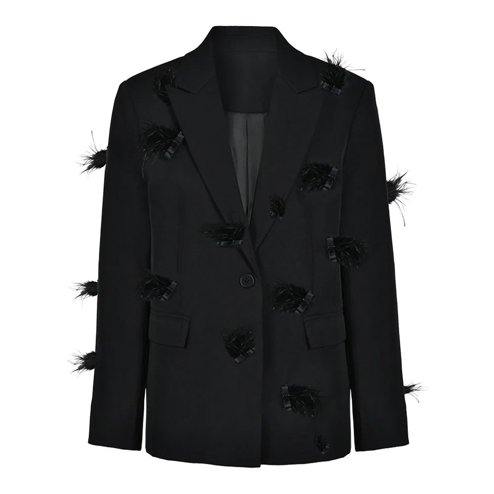 TWOTWINSTYLE Solid Slimming Spliced Bead Feather Blazers for Women Lapel Long Sleeves Patchwork Button Blazer Female Fashion New
