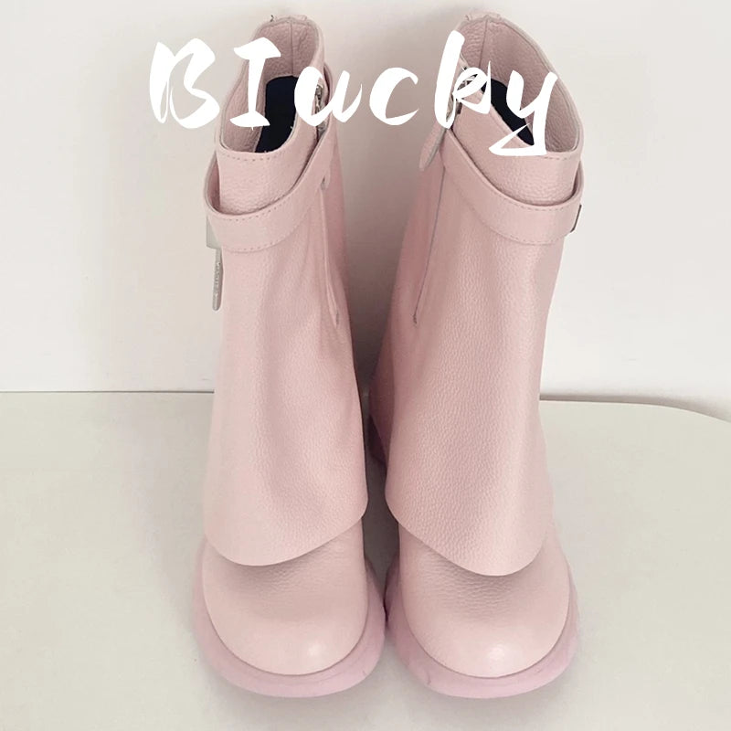 Winter New Women Mid-Calf Boots Woman Genuine Leather Wedge Platform Round 2023 Metal Decoration Boots