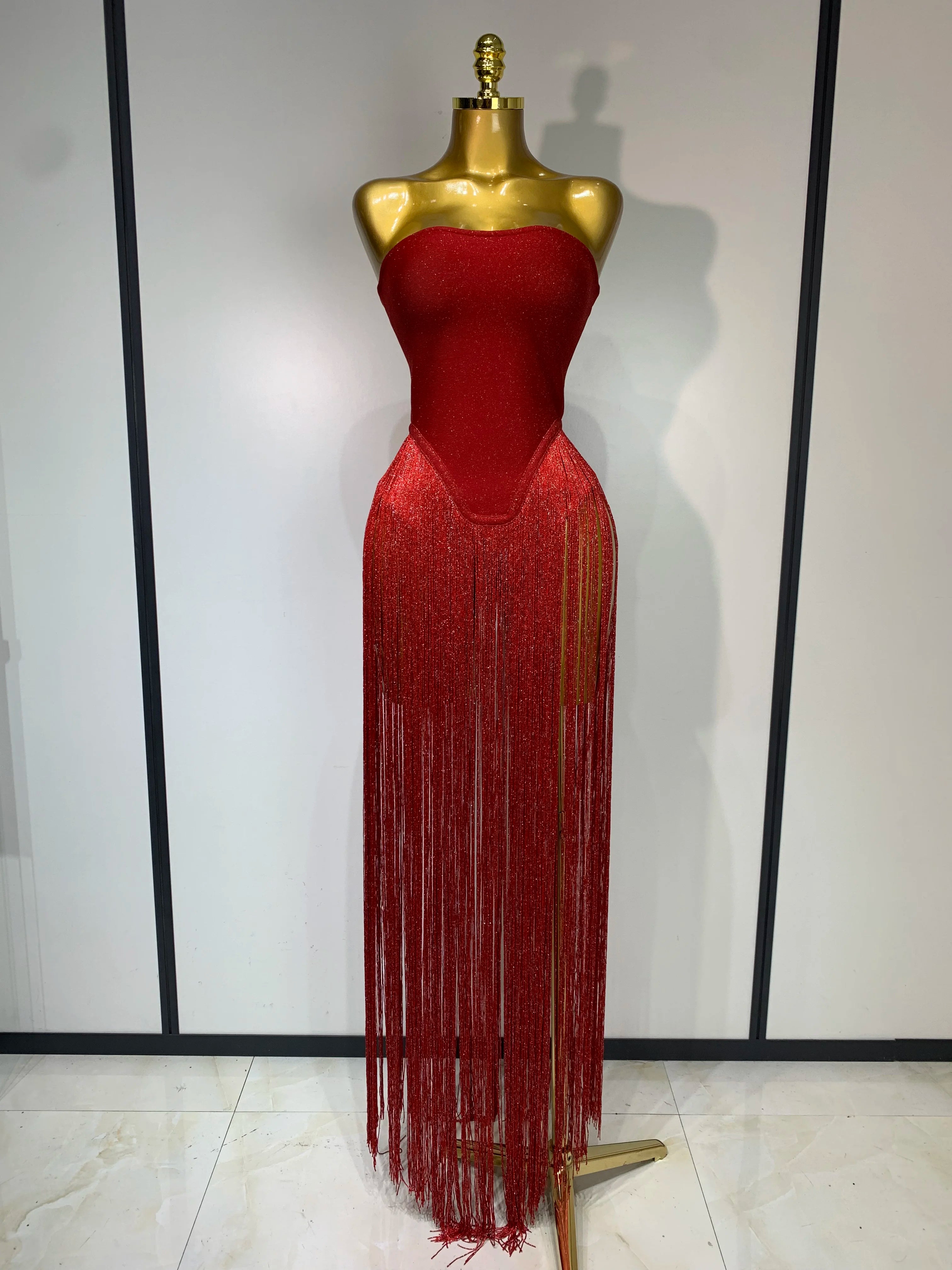 Fashion Design Long Tassel Patchwork Strapless Bandage Bodysuit Women Sexy High Street Evening Party Nightclub Hotwife Outfit