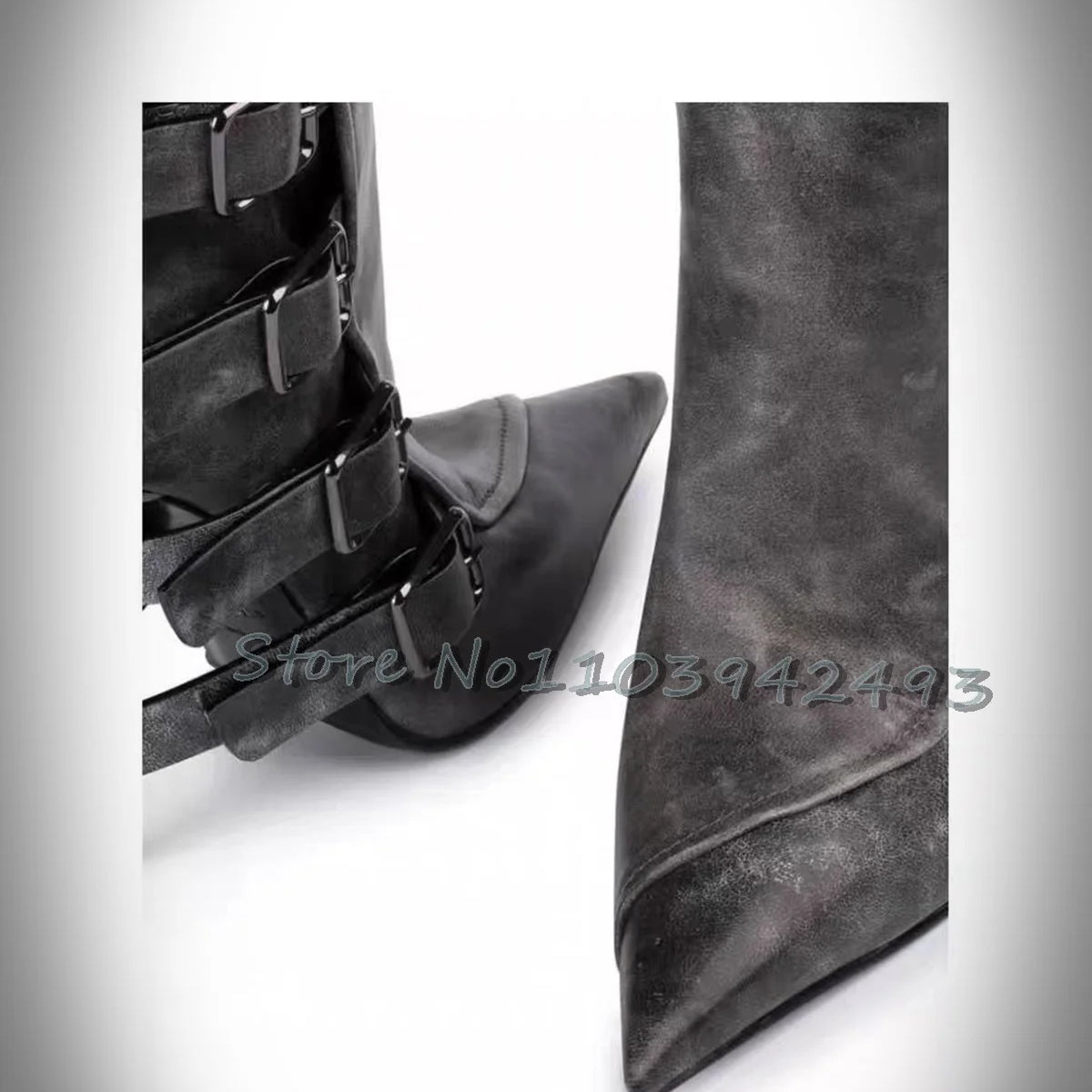 Stylish Brown Strappy Boots Pointed Toe High Heels Mid-calf Chunky Heel Fashion Women's Shoes Black Chic Buckle Outer 2025 New