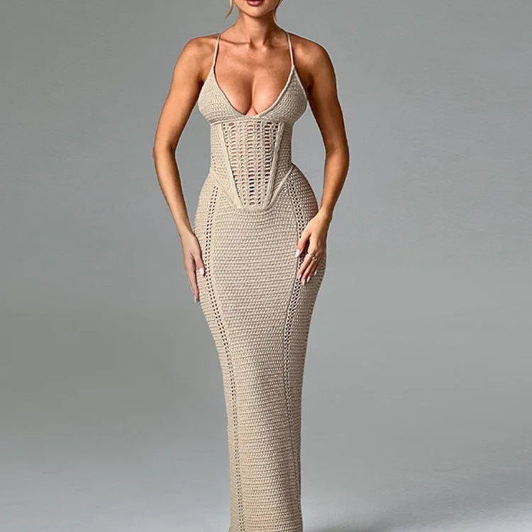 Mozision Hollow Out Backless Knit Dress For Women Spaghetti Strap Bandage Sleeveless Bodycon Club Party Sexy Long Dress Elegant