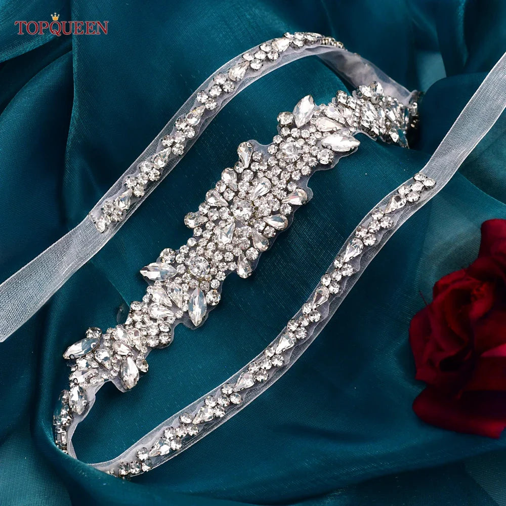 TOPQUEEN New Style Bridal Belt Silver Fancy Rhinestone Women Wedding Dress Accessories Satin Ribbon Belt S51