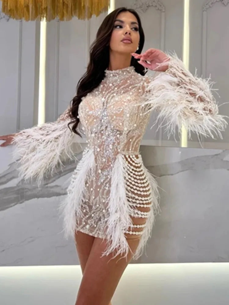 Women Celebrity Sexy Long Sleeve Feather White Mini Pearl Bodycon Gowns Dress 2024 Elegant Evening Party Club Dress