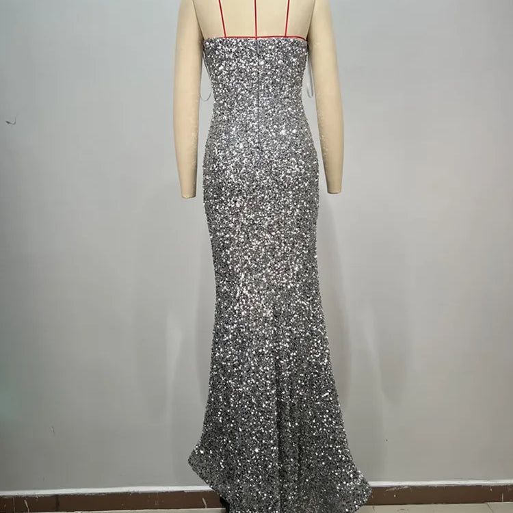 Women Sexy Strapless Backless Mesh Sequins Maxi Long Silver Bodycon Dress 2024 Elegant Party Evening Stage Performance Vestido