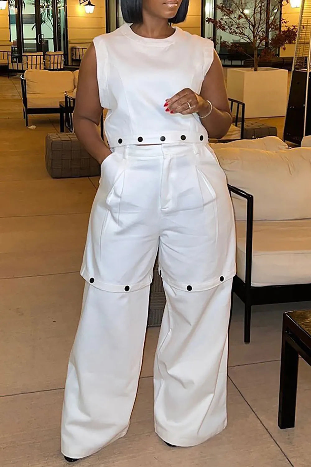 Flycurvy Plus Size Casual Pant Set White Round Neck Detachable Two Piece Pant Set With Pocket