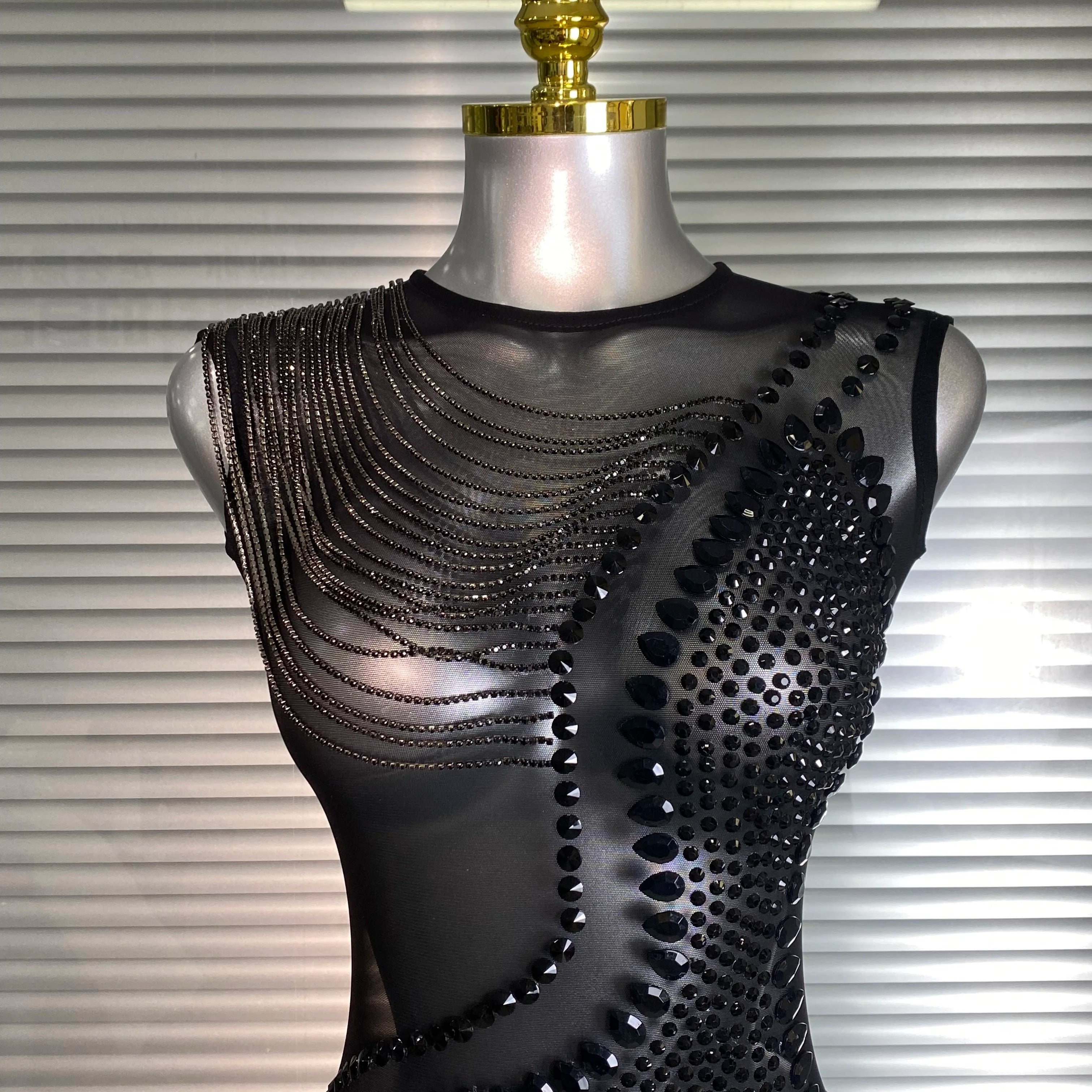 Summer New 2025 Women Sexy Crystal Sheer Black Bodycon Jumpsuit Celebrity Designer Dancer Celebrity Night Club Rompers