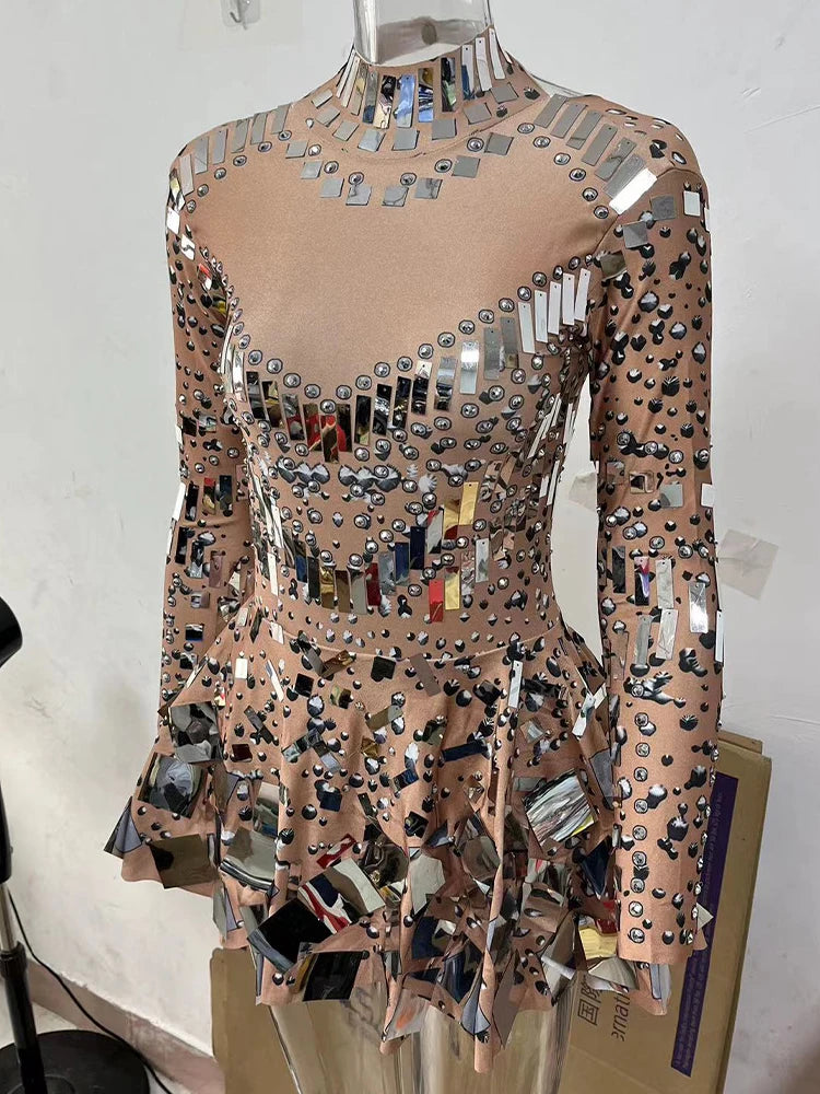 Raquel Mirror Party Dress Black Stretch Stage Dance Dress Nightclub Party Celebrate Dress Women Dancer Performance Clothes apricot