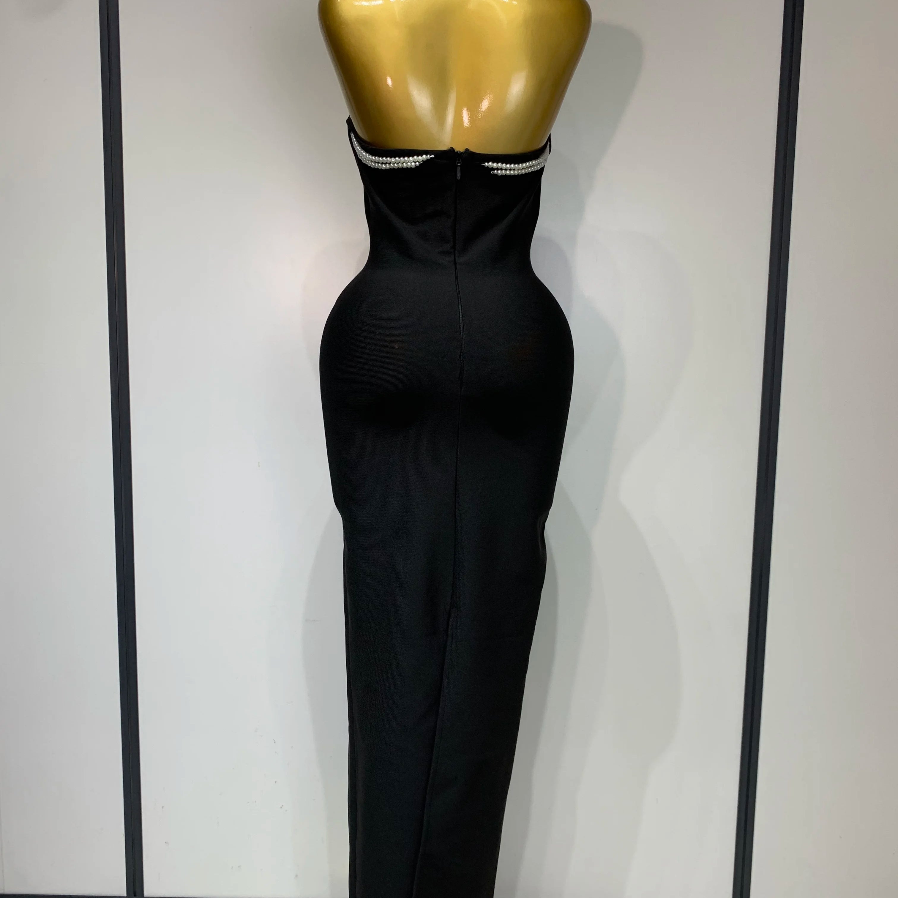 Women Sexy Backless Strapless Black Beading Long Bandage Bodycon Dress 2025 Celebrity Elegant Evening Luxury Birthday Dresses