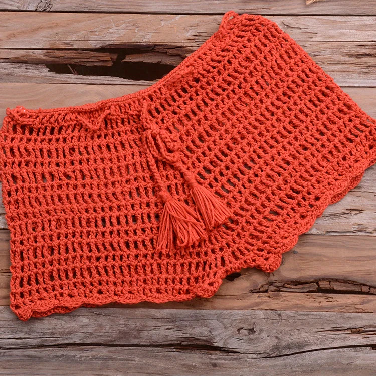 Crochet Hollow Out Tassel Beach Cover Up Sexy Women Mini Tops Beachwear Bikini Swimwear Bathing Suit Cover Up Rusty Red Bottom One Size
