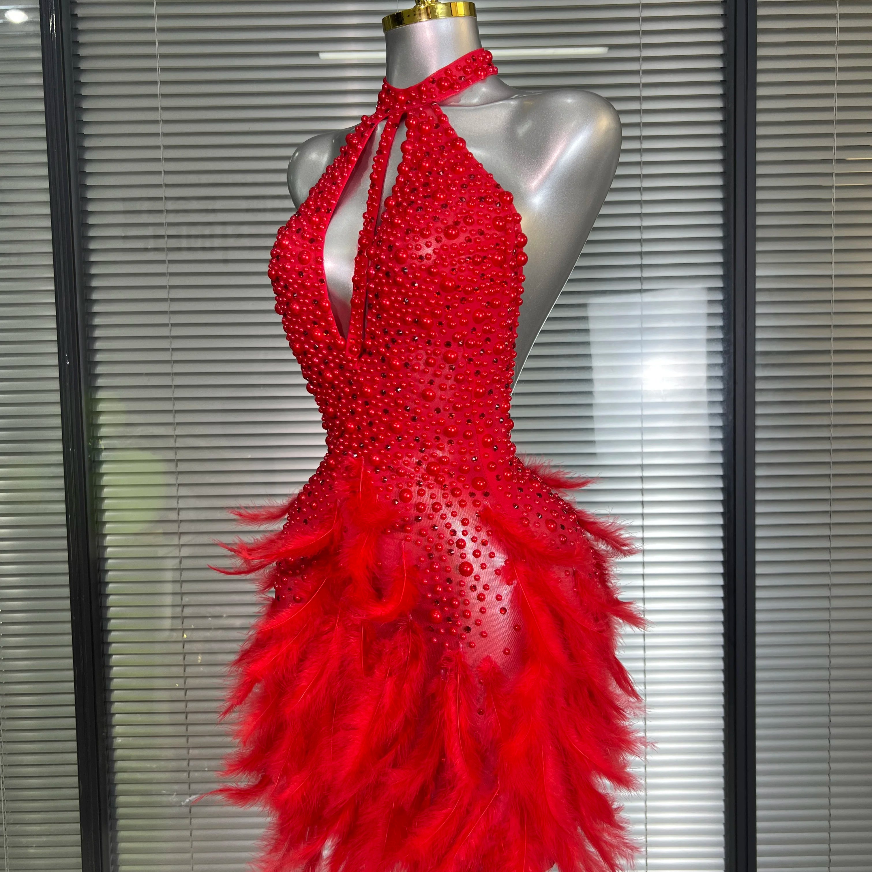 Women Sexy Backless Mesh Crystal Diamonds Feathers Performance Costume Stage Dancer Mini Stretchy Night Club Party Dress