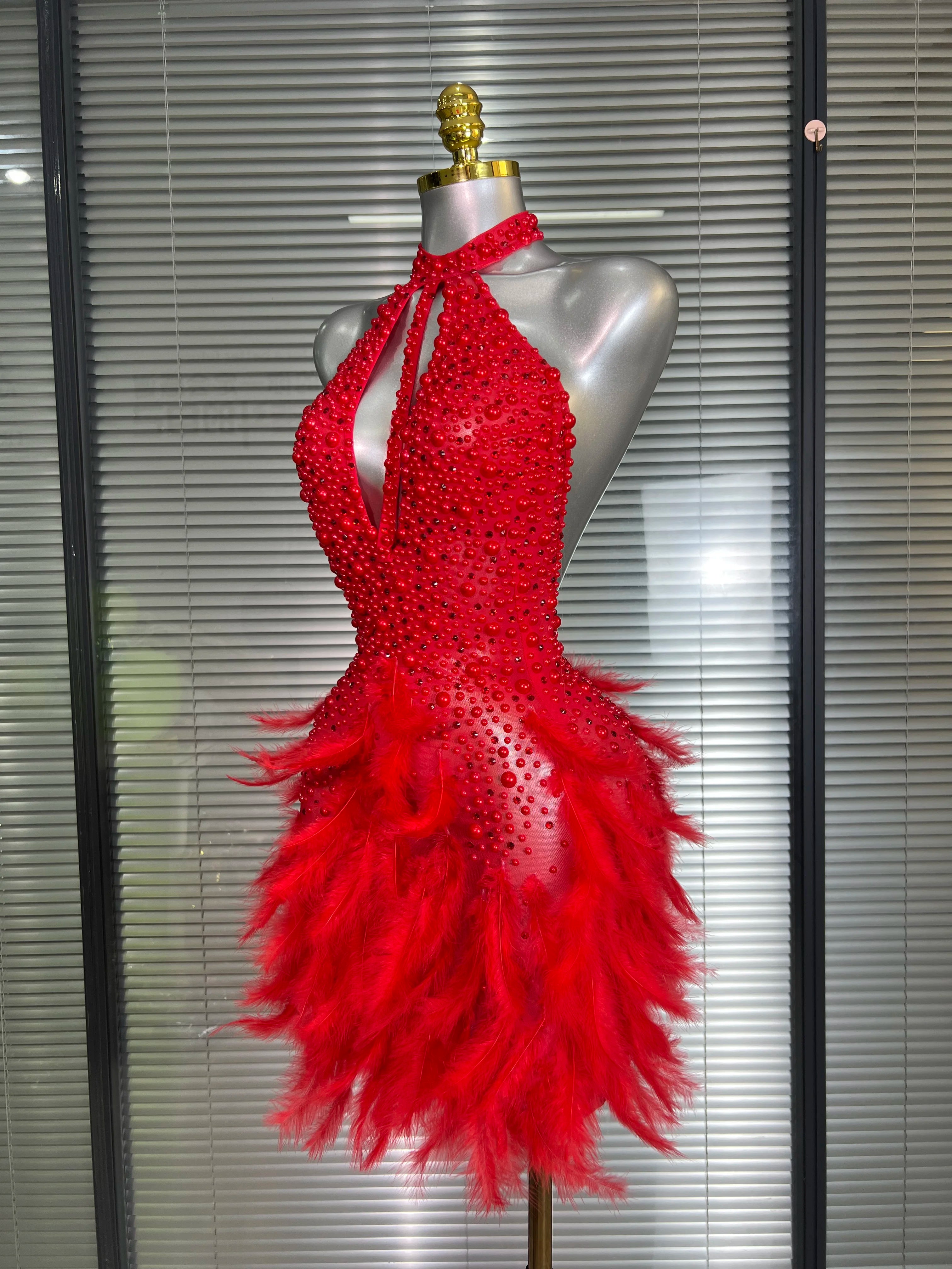 Women Sexy Backless Mesh Crystal Diamonds Feathers Performance Costume Stage Dancer Mini Stretchy Night Club Party Dress