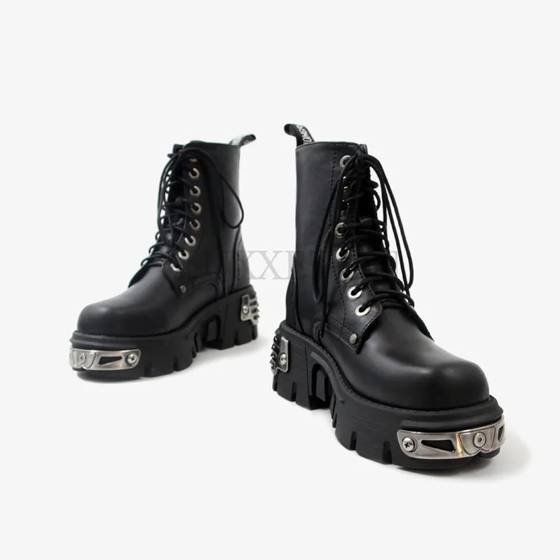 Punk Style Platform Women Ankle Boots Women's Motorcycle Boot Fashion Ladies Chunky Shoes Metal Decor Black BIG Size