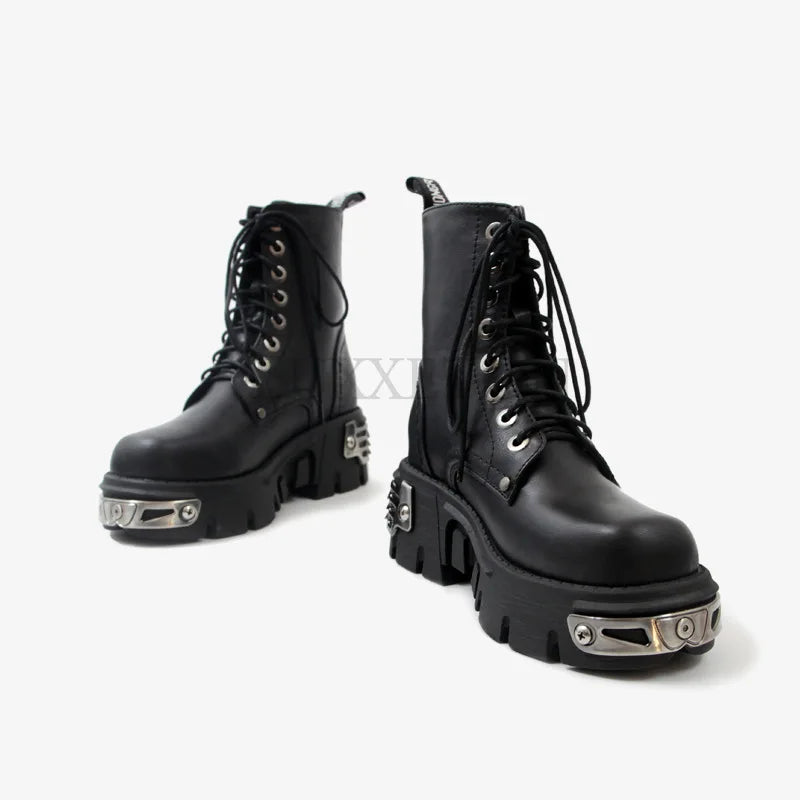 Punk Style Platform Women Ankle Boots Women's Motorcycle Boot Fashion Ladies Chunky Shoes Metal Decor Black BIG Size