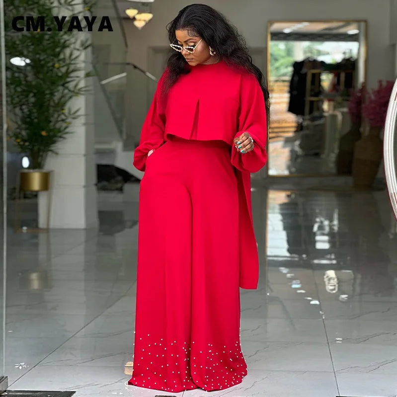 CM.YAYA Women's Set Long Sleeve High Low Maxi Blouse and Pearl Beading Wide Leg Pants 2025 Two 2 Piece Sets Outfits Tracksuit