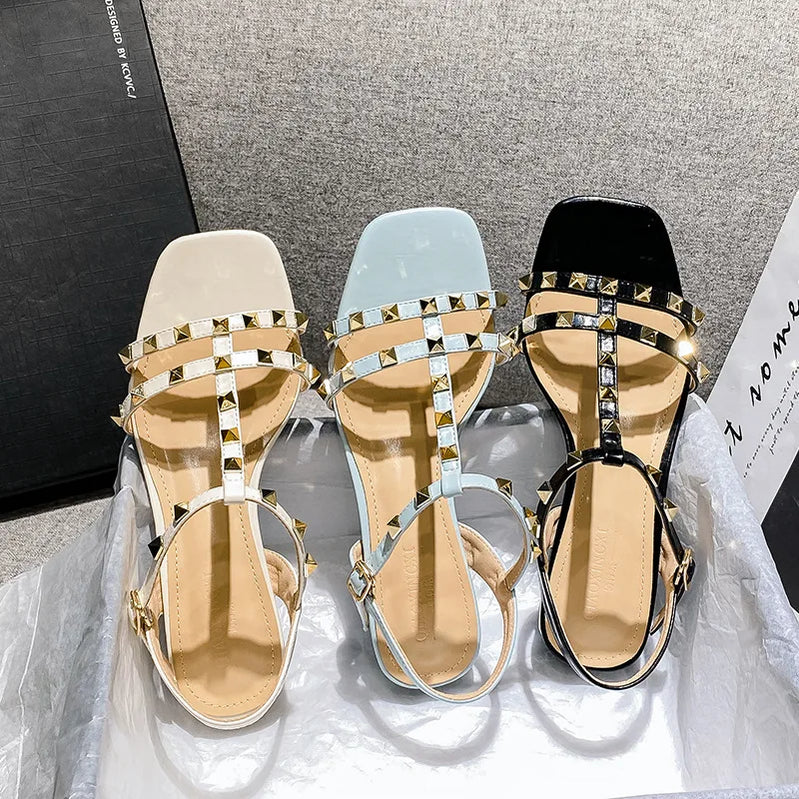Summer low heel women rivets sandals thin ribbon fashion Korean design girls shoes large size wear slippers free delivery