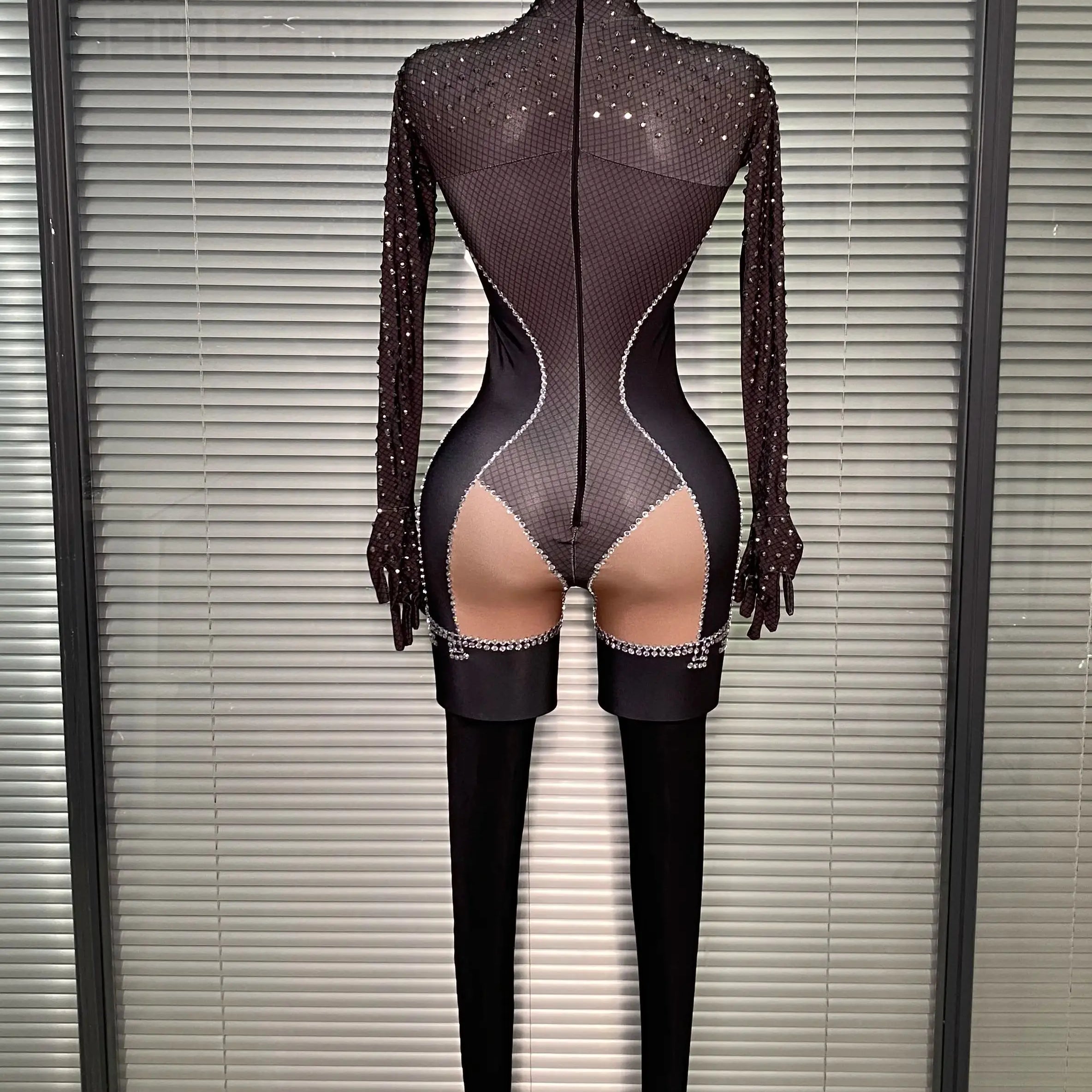 Summer New 2025 Women Sexy Crystal Black Long Sleeve Bodycon Jumpsuit Celebrity Designer Dancer Night Club Rompers