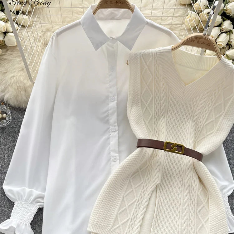 Office Lady Knitted Sweater Warm Thick Knit Vest+Single Breasted Lantern Sleeve Blouse Women Pullover Shirt Suits