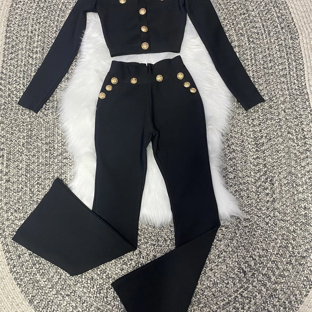 Conjunto de 2 peças de bandagem de rayon preto de manga comprida para festa à noite