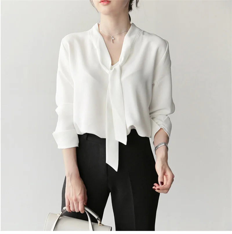 한국인 리뷰 많은 옷 Women Blouse Shirts Korean Fashion Office Autumn Long Sleeve Tie Bow Chiffon Turtleneck Formal Shirts E335-8152bai