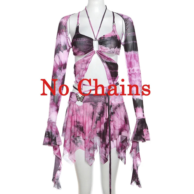 Zenaide Fall Mesh Butterfly Women 3 Piece Set Bandage Cami+Irregular Skirt+Fairy Festival Crop Top Tie Dye Rave Party Outfit Y2K Purple Set