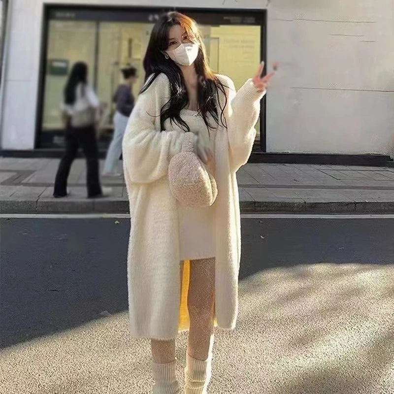 Women Sweater Cardigans Winter Knitted Jackets Warm Thickened Fleece Solid Color Knitted Coat Female Soft Long Sweater Cardigan