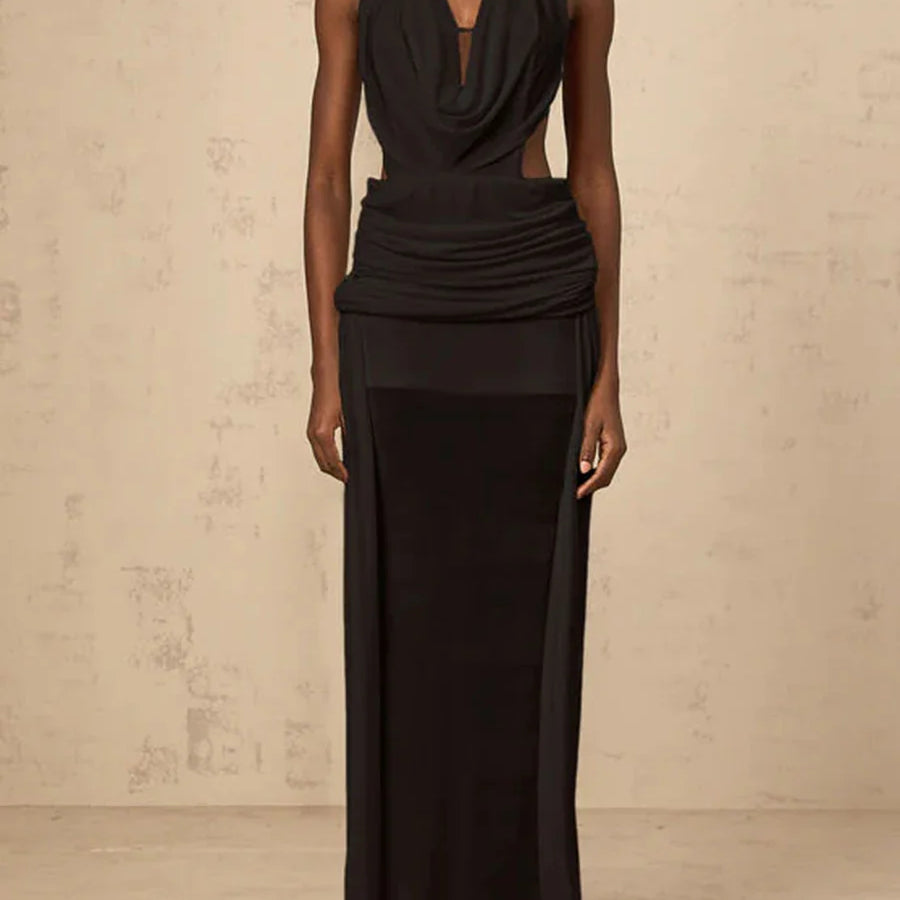 Solid Slimming Spliced Hollow Out Dresses for Women Halter Neck Sleeveless Patchwork Sheer Midi Dress Female New