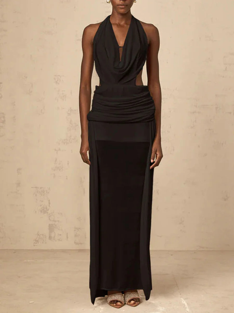 Solid Slimming Spliced Hollow Out Dresses for Women Halter Neck Sleeveless Patchwork Sheer Midi Dress Female New