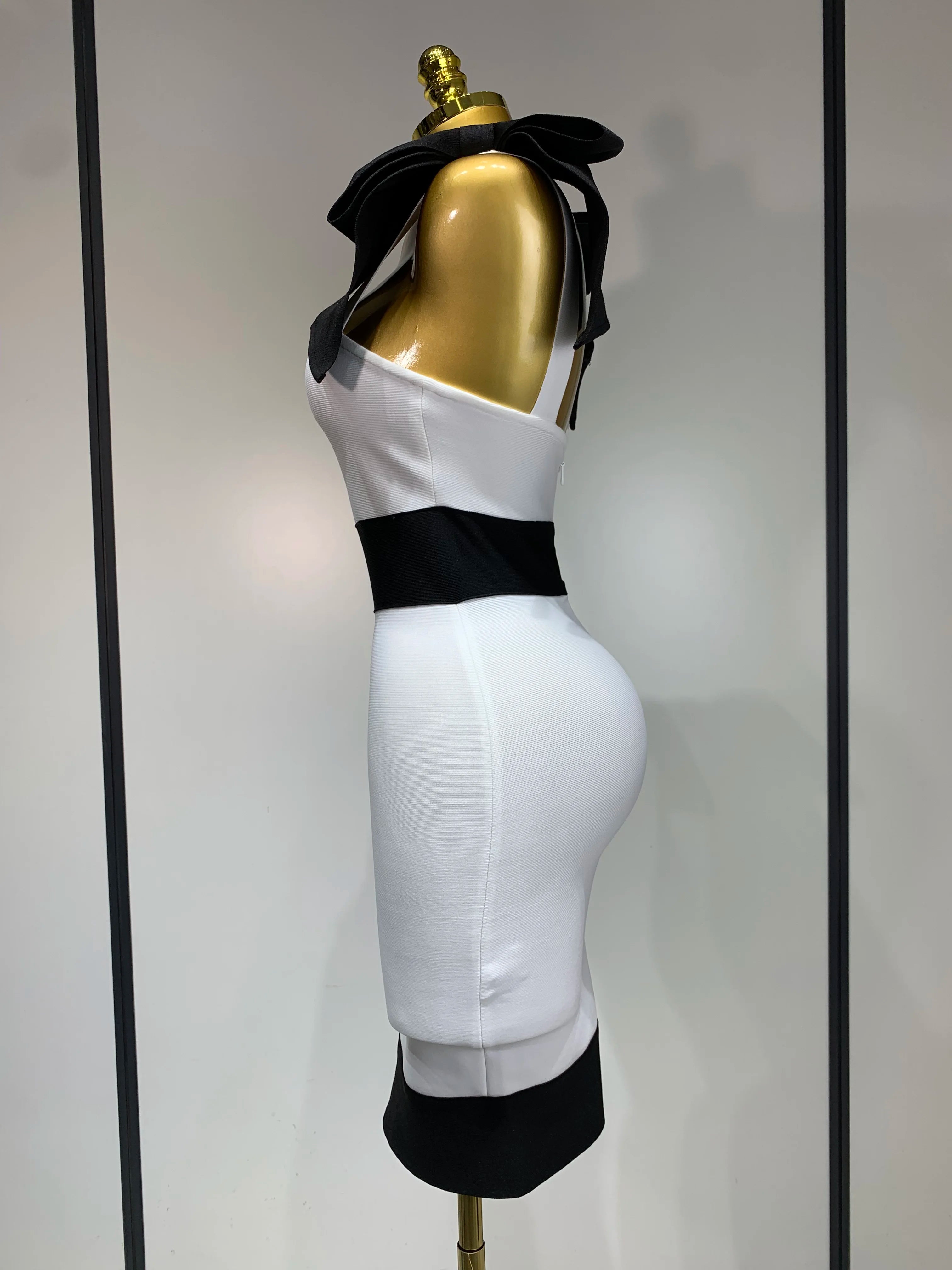 Women Sexy Bow Tie Black White Patchwork Bodycon Bandage Dress 2025 Celebrity  Elegant Evening Club Party Birthday Dresses