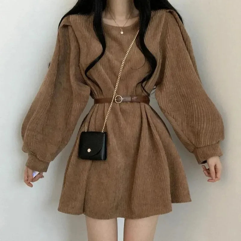 Corduroy Dress Women Vintage Belt Slim Long Sleeve Mini Dresses Fashion Elegant Solid O Neck Chic Streetwear Fall Winter