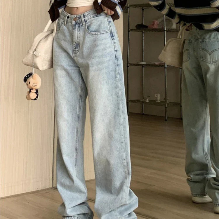QWEEK Vintage 90s Jeans Women Y2k High Waist Light Blue Straight Pants Casual Streetwear Distressed Loose Floor Length Trousers