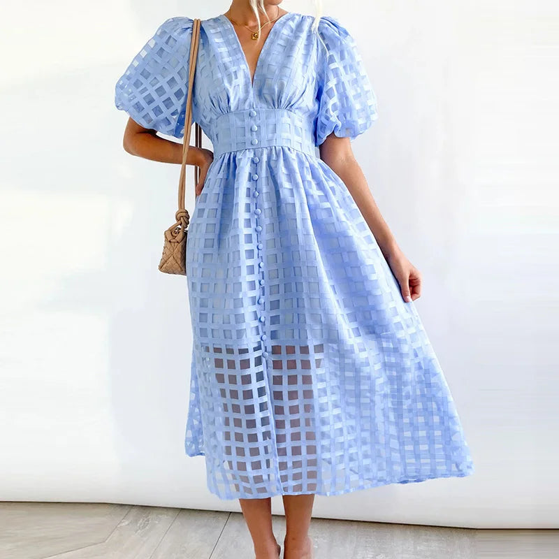 Summer Multicolor Lantern Short Sleeve Long Dress Elegant Ladies Solid V Neck Big Hem Dress Fashion Mesh Plaid High Waist Dress Sky blue