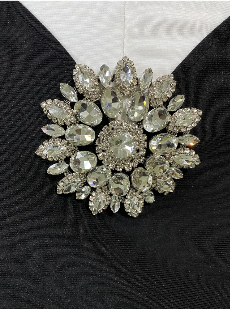 Luxury Diamonds Strapless Package Hips White Patchwork Black Bandage Dress  Fashion Woman Party Dress Celebrity Party Vestido