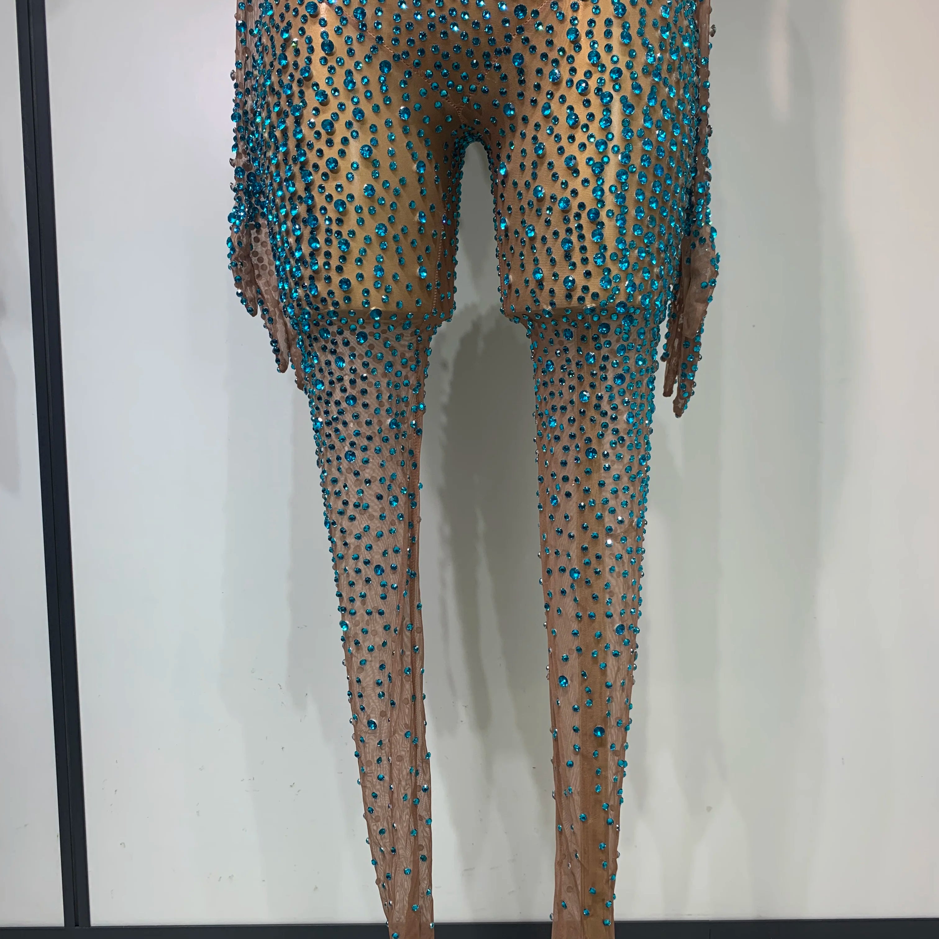 Luxury Rhinestones Bodycon Jumpsuit Sexy Women Mesh See Through Birthday Gown Women Bar Nightclub Dancer Stage Outfit