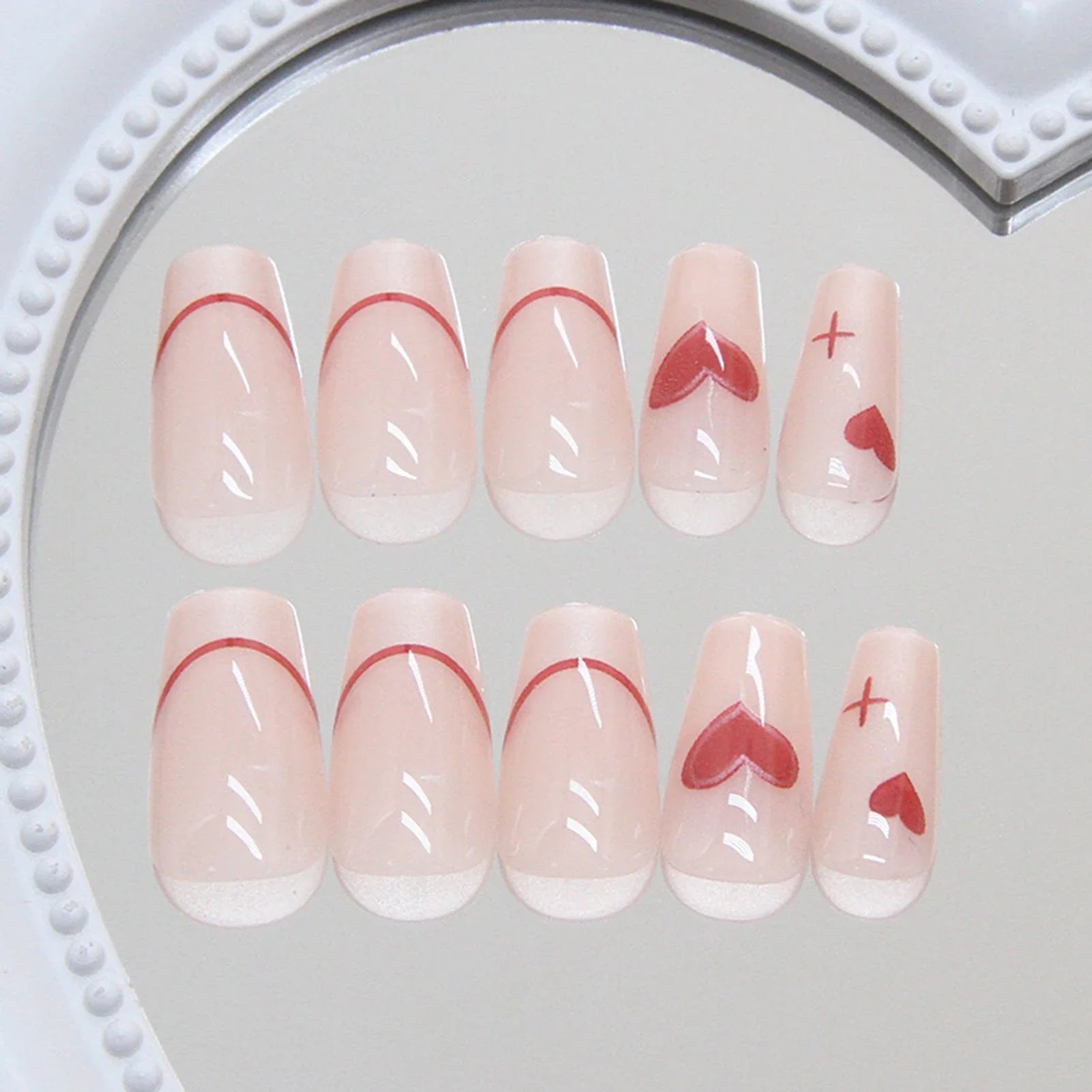Nude Color Ballet Fake Nails 24Pcs French Press On Nails Love Heart Printed Ballerina Wearable False Nails Valentine's Day Use