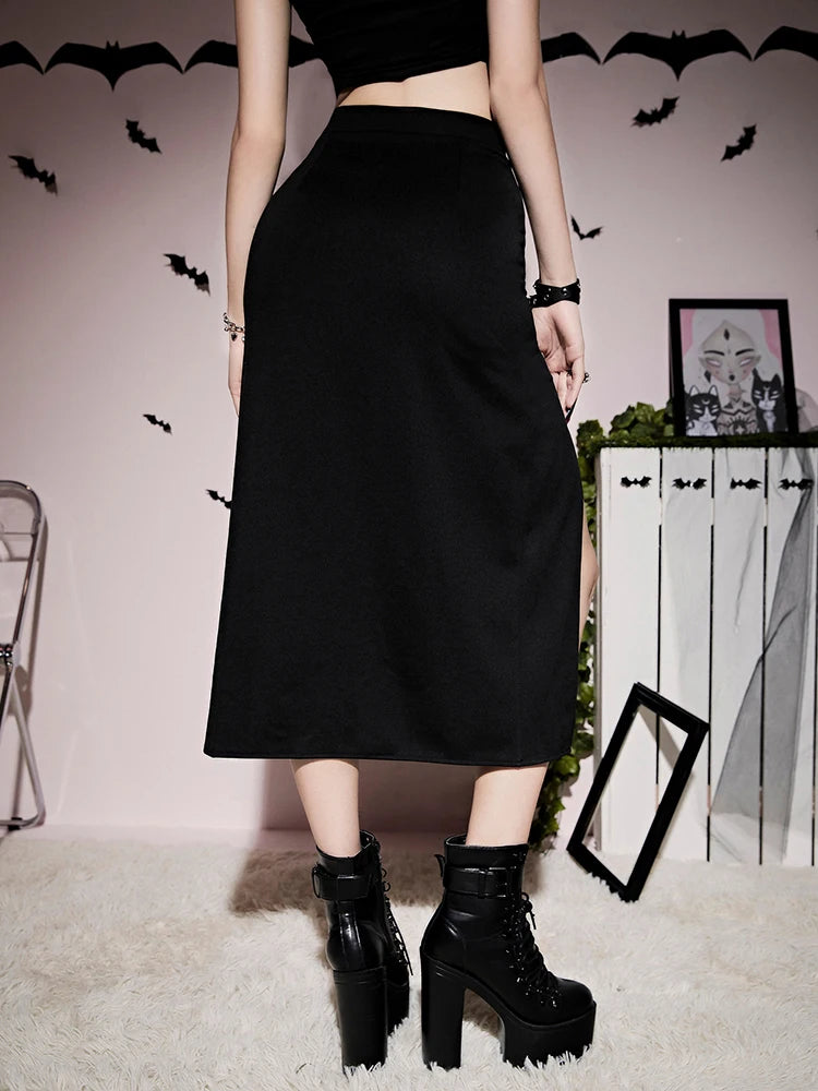 Goth Dark Grunge Bandage High Split Sexy Midi Skirts Mall Gothic Techwear Irregular Eyelet Long Skirt For Women Black Partywear