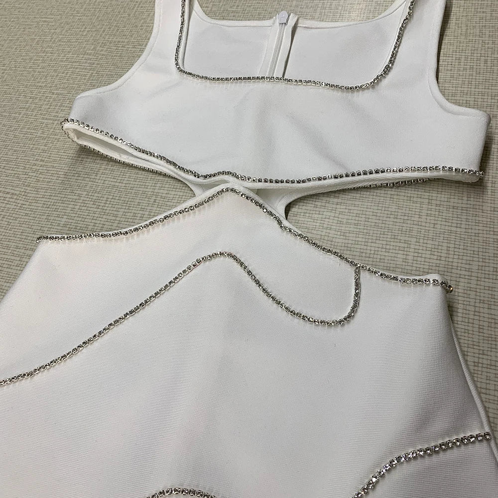 Ailigou 2023 New Summer Women'S White Sexy Luxury Diamond Cut-Out Vest Club Clothing Fashion Sleeveless Mini Bandage Dress