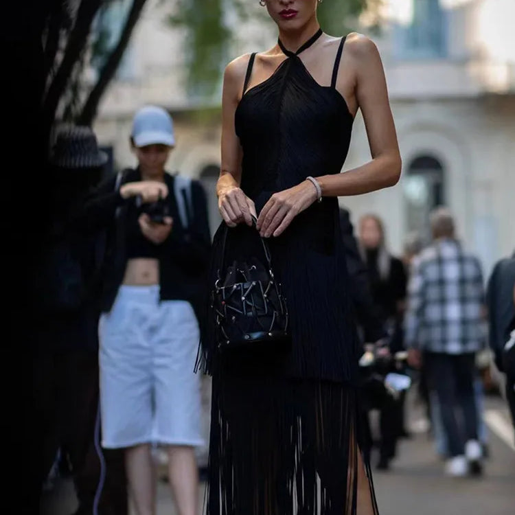 Women Celebrity Sexy Backless Tassel Green Black Ankle Length Bodycon Bandage Dress 2025 Elegant Evening Club Party Outfit