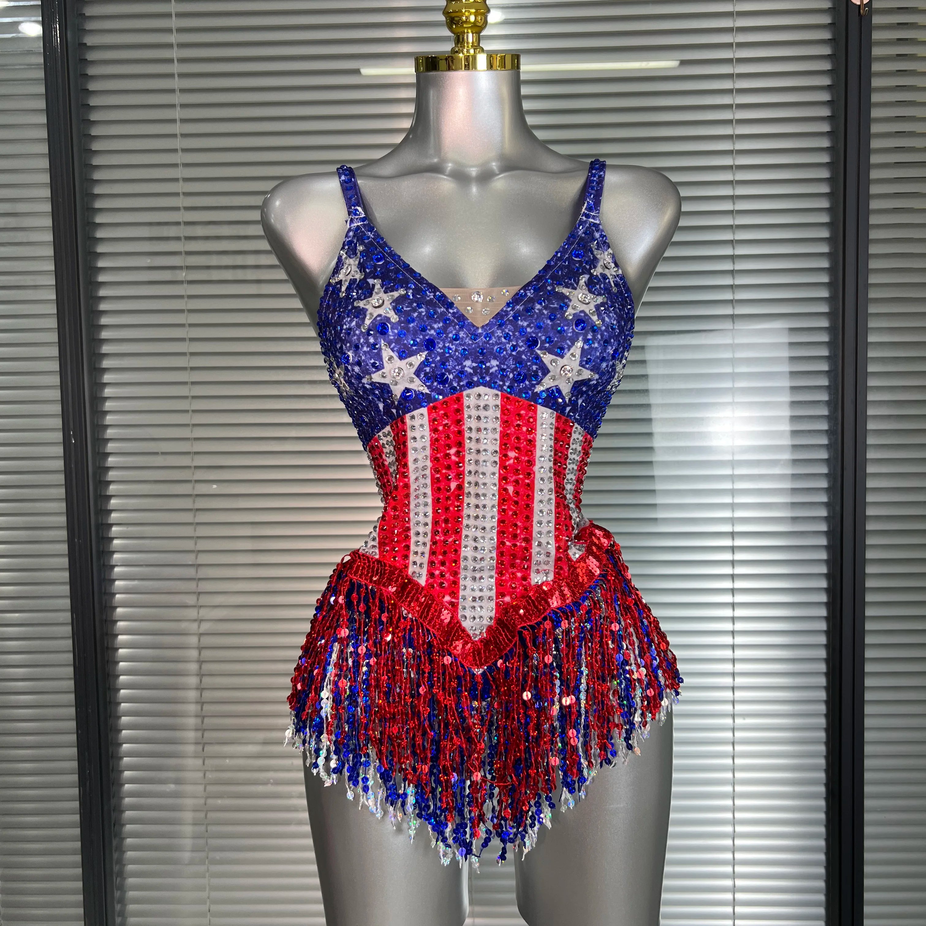 Women Sexy Tassel Crystal Stretched Night Club Circus Dancer USA Flag Stage Costume Party Bodysuit