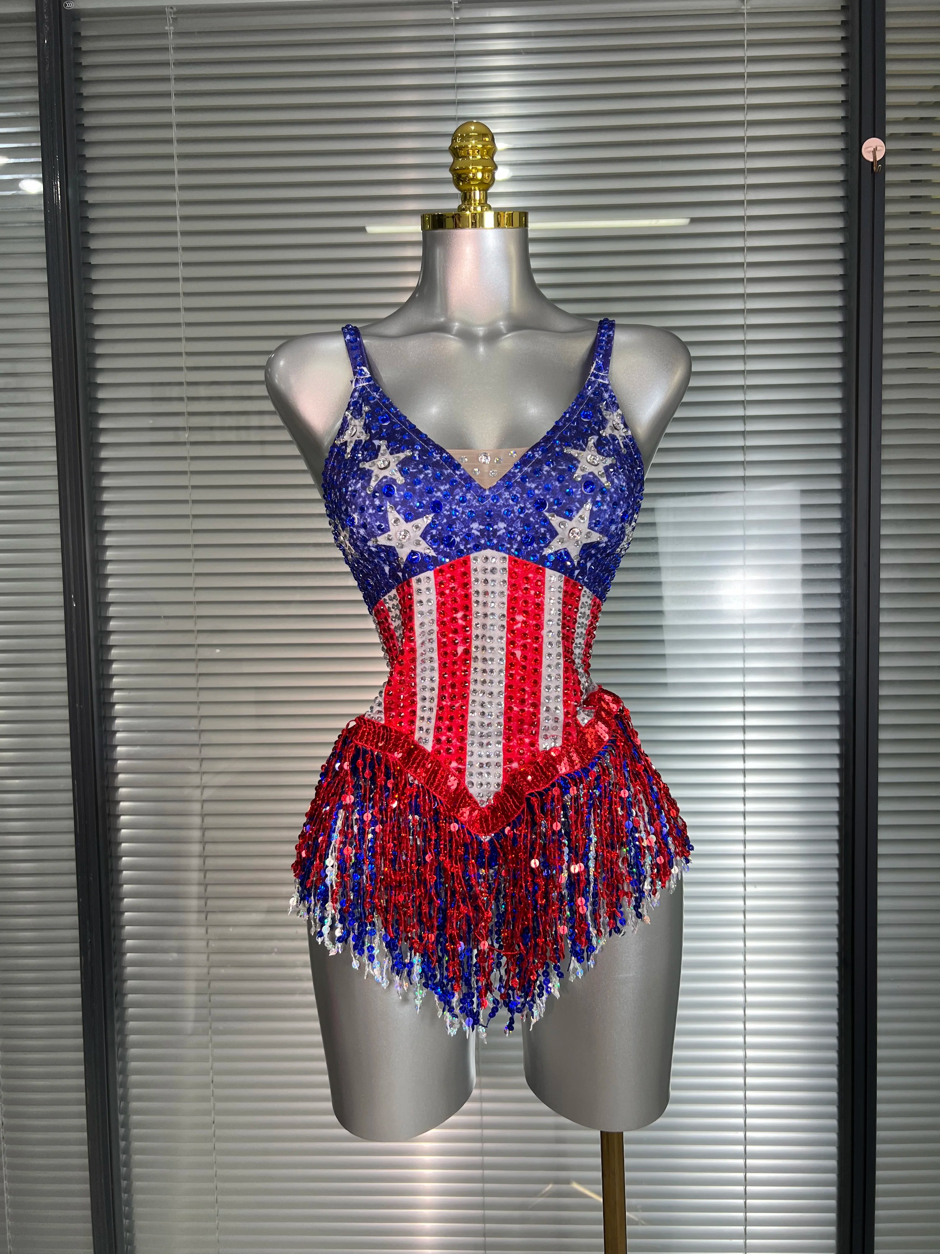 Women Sexy Tassel Crystal Stretched Night Club Circus Dancer USA Flag Stage Costume Party Bodysuit