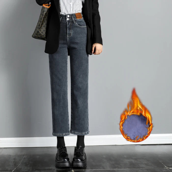 Autumn Winter Denim Jeans Women Double Row Vertical Buckle High Waisted Elastic Brand Slim Straight Warm Classic Smoke Pants Blue gray