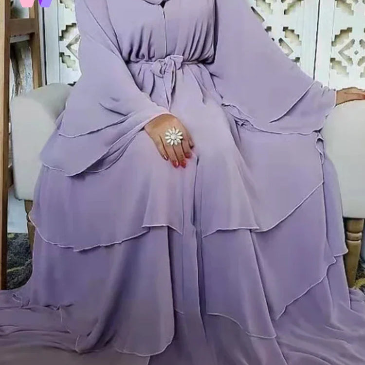 New In Women Abaya NO SCRARF(Encrypted Chiffon)Elegant Muslim Stitching Three Layer Abaya Ruffle Sleeves Cardigan Marocain Dress
