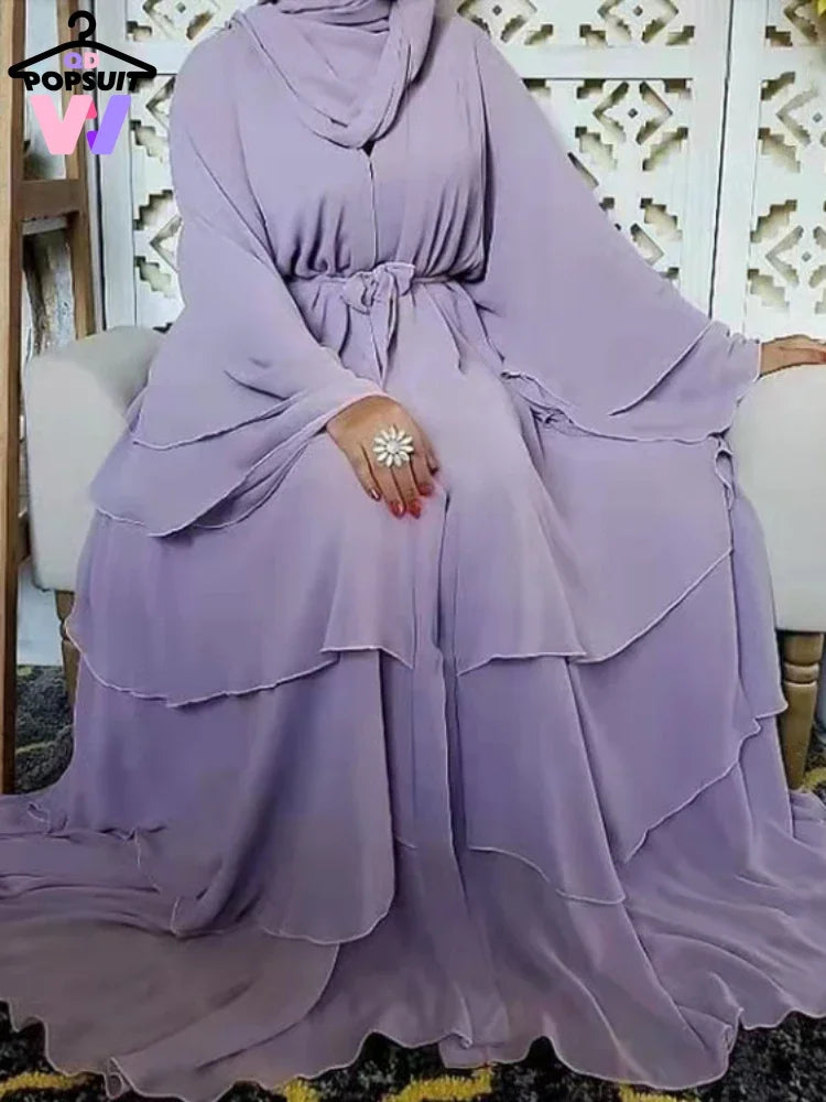 New In Women Abaya NO SCRARF(Encrypted Chiffon)Elegant Muslim Stitching Three Layer Abaya Ruffle Sleeves Cardigan Marocain Dress