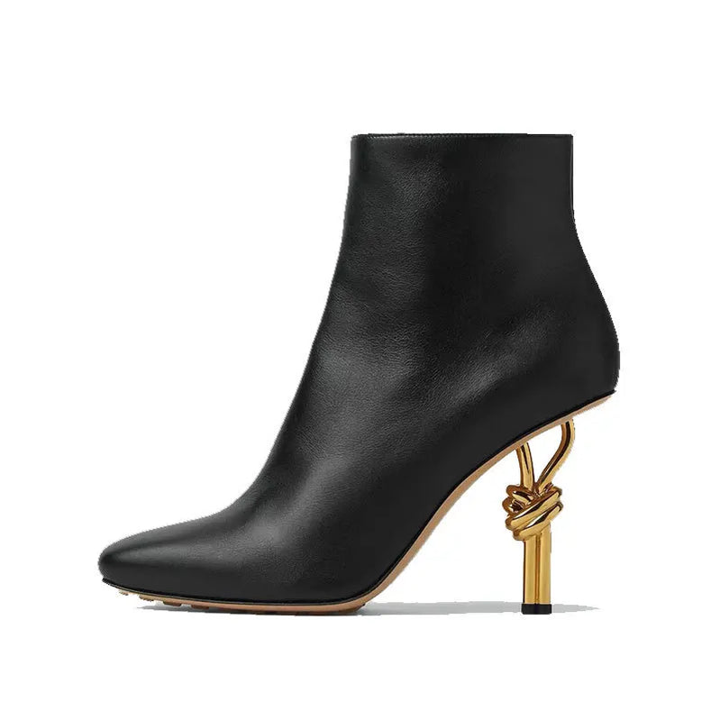 New Arrival Women Metal Knot Shaped Heel Boots High Heel Ankle Nude Boots Elegant Office Side Zip Square Toe Heels Boots as photo