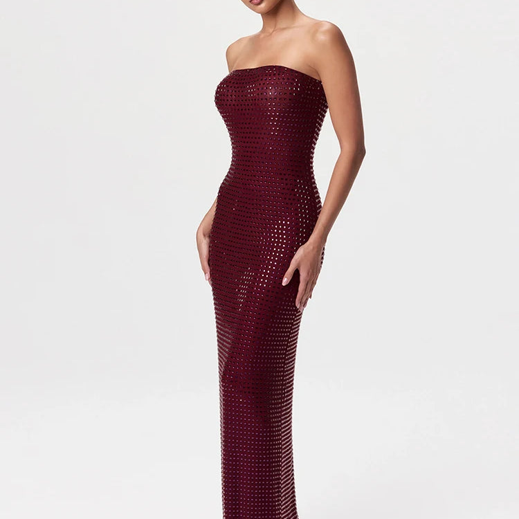 VC Redwine Beaded Strapless Long Maxi Dress For Women Elegant Sleeveless Backless Sparkle Crystals Bodycon Cocktail Evening Gown