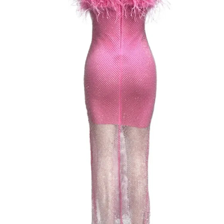 Women Sexy Strapless Ostrich Feathers Pink Crystal  Bodycon Bandage Dress 2024 High Street Shineing Split Party Dress Vestido