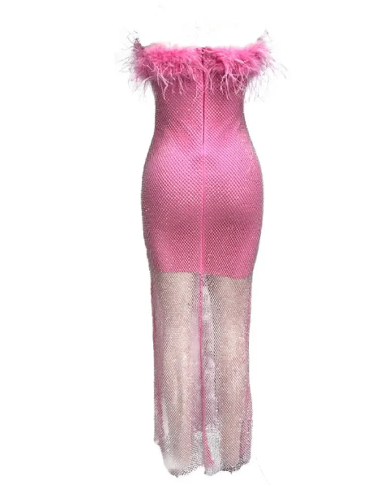 Women Sexy Strapless Ostrich Feathers Pink Crystal  Bodycon Bandage Dress 2024 High Street Shineing Split Party Dress Vestido