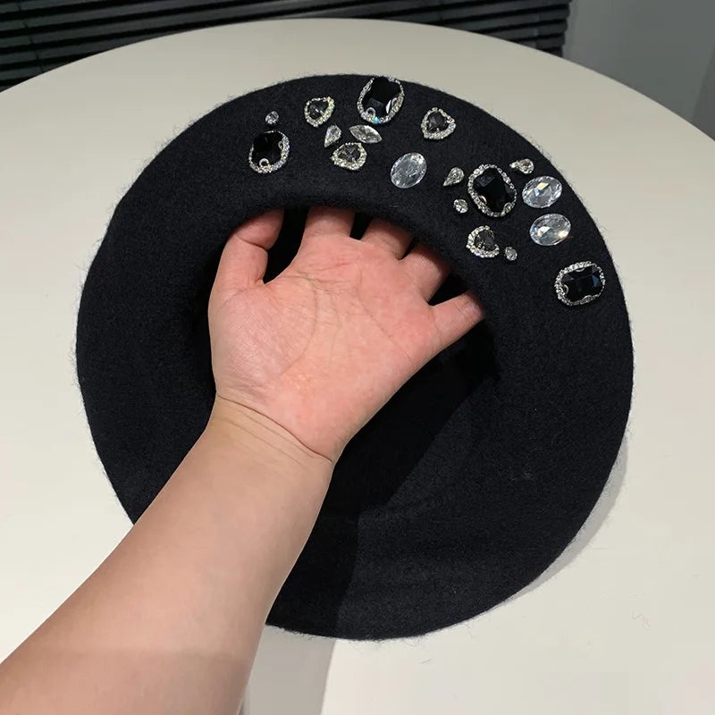 Berets Women Hat Brimless Stretchy Comfortable Rhinestone Y2K Cap Autumn Female Flat Color Cotton 10 56-58cm