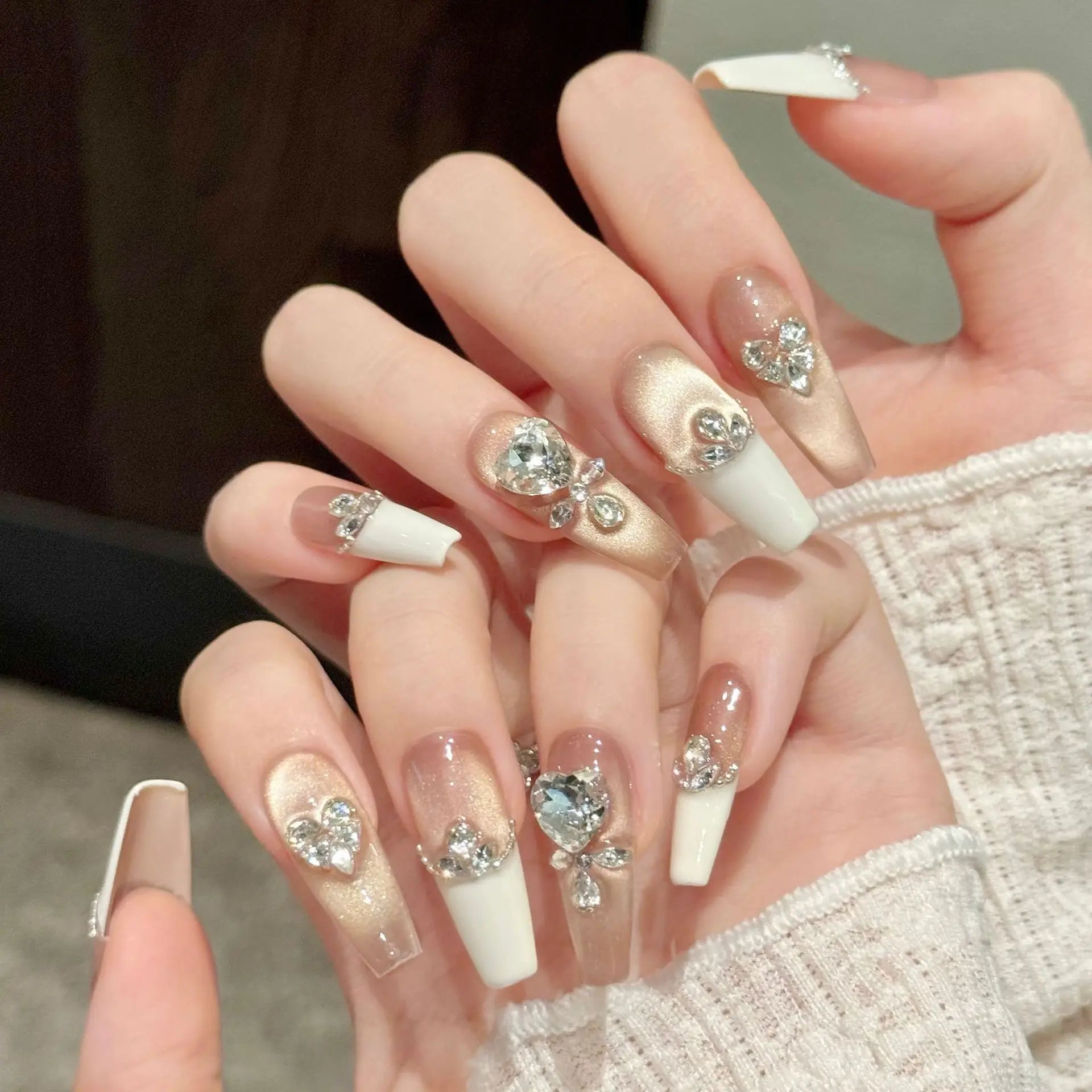 10pcs French Handmade Fake Nail Tips Diamond Design Cat's Eye Long Ballet False Nail Art Finished Wearable Coffin Press on Nails