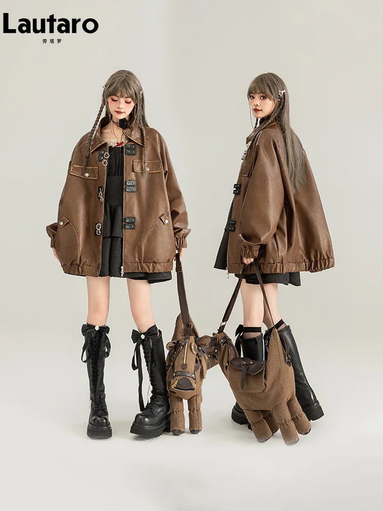 Spring Vintage Oversized Distressed Brown Pu Leather Jacket Women Long Sleeve Luxury Designer Maillard Style Clothing