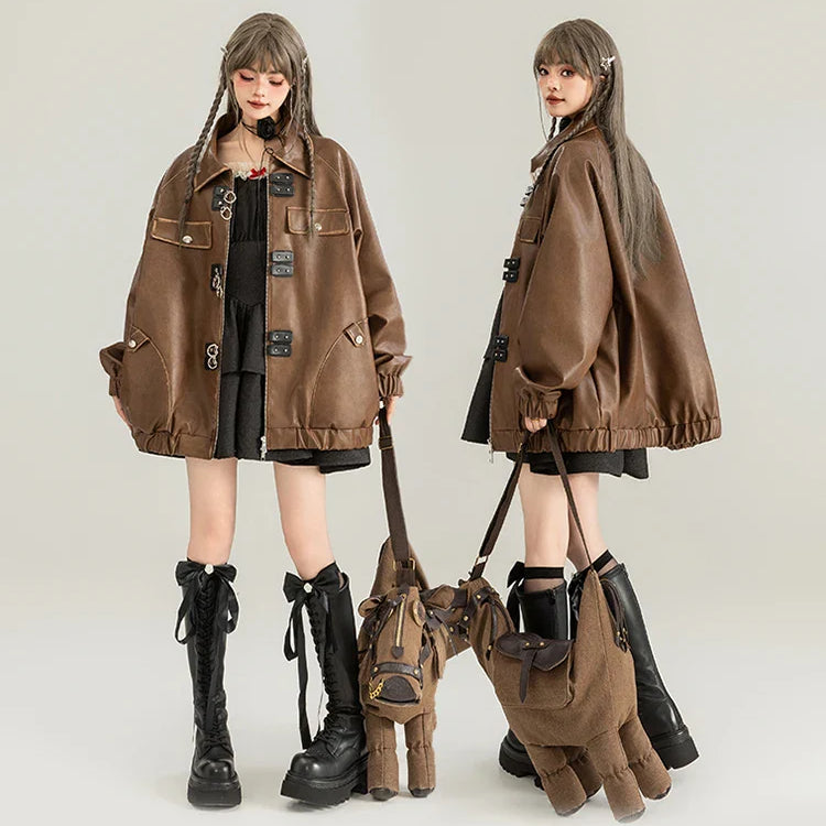 Spring Vintage Oversized Distressed Brown Pu Leather Jacket Women Long Sleeve Luxury Designer Maillard Style Clothing Brown